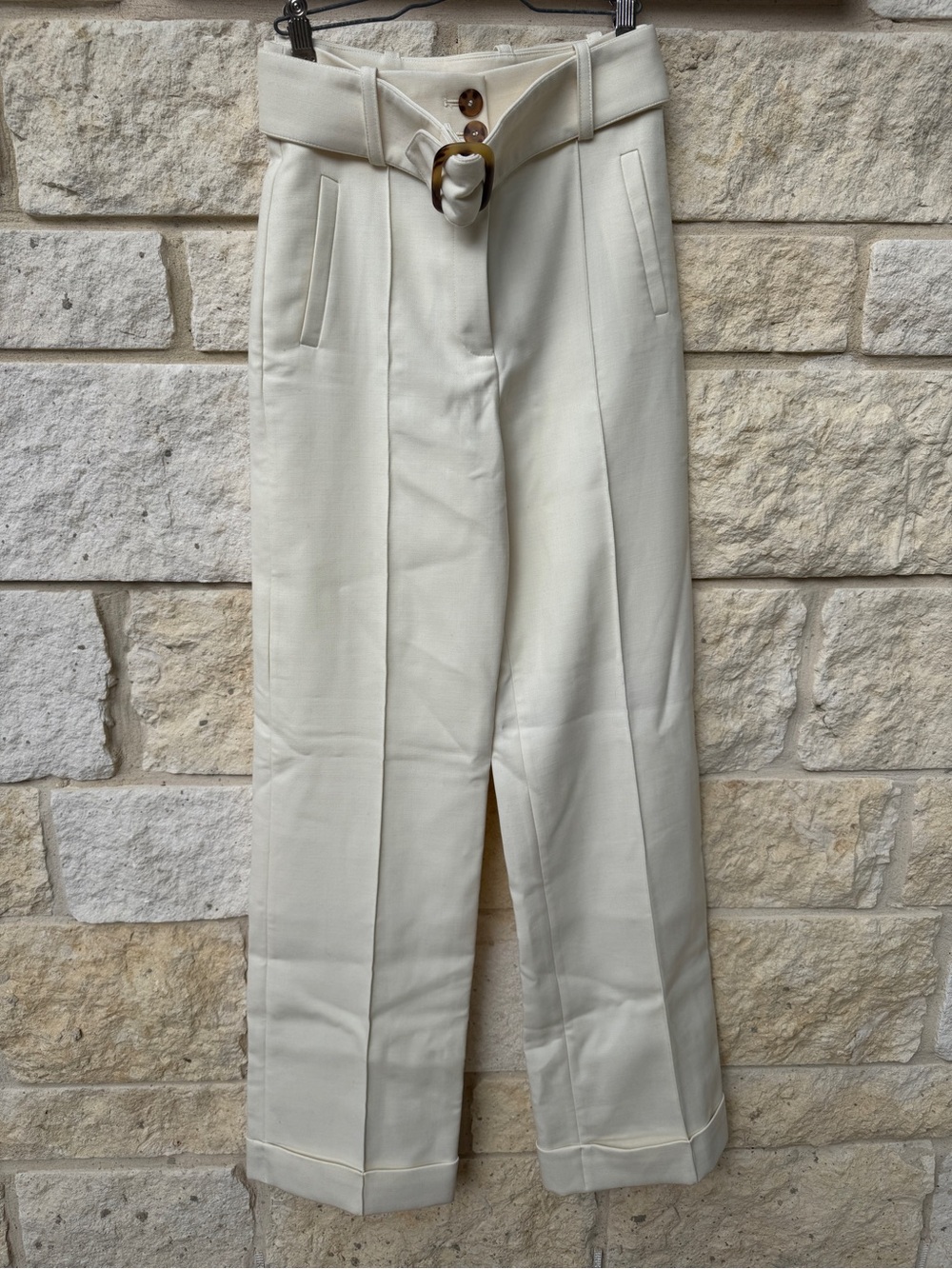 Sezane Lukas Cream High-Waist Belted Trousers